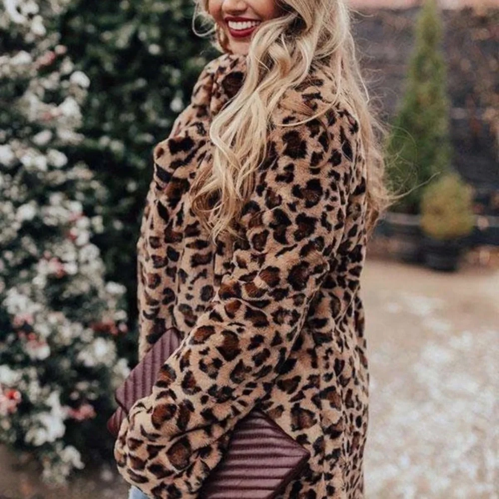 Leopard women plush jacket faux fur warm coat - Picture 3 of 3